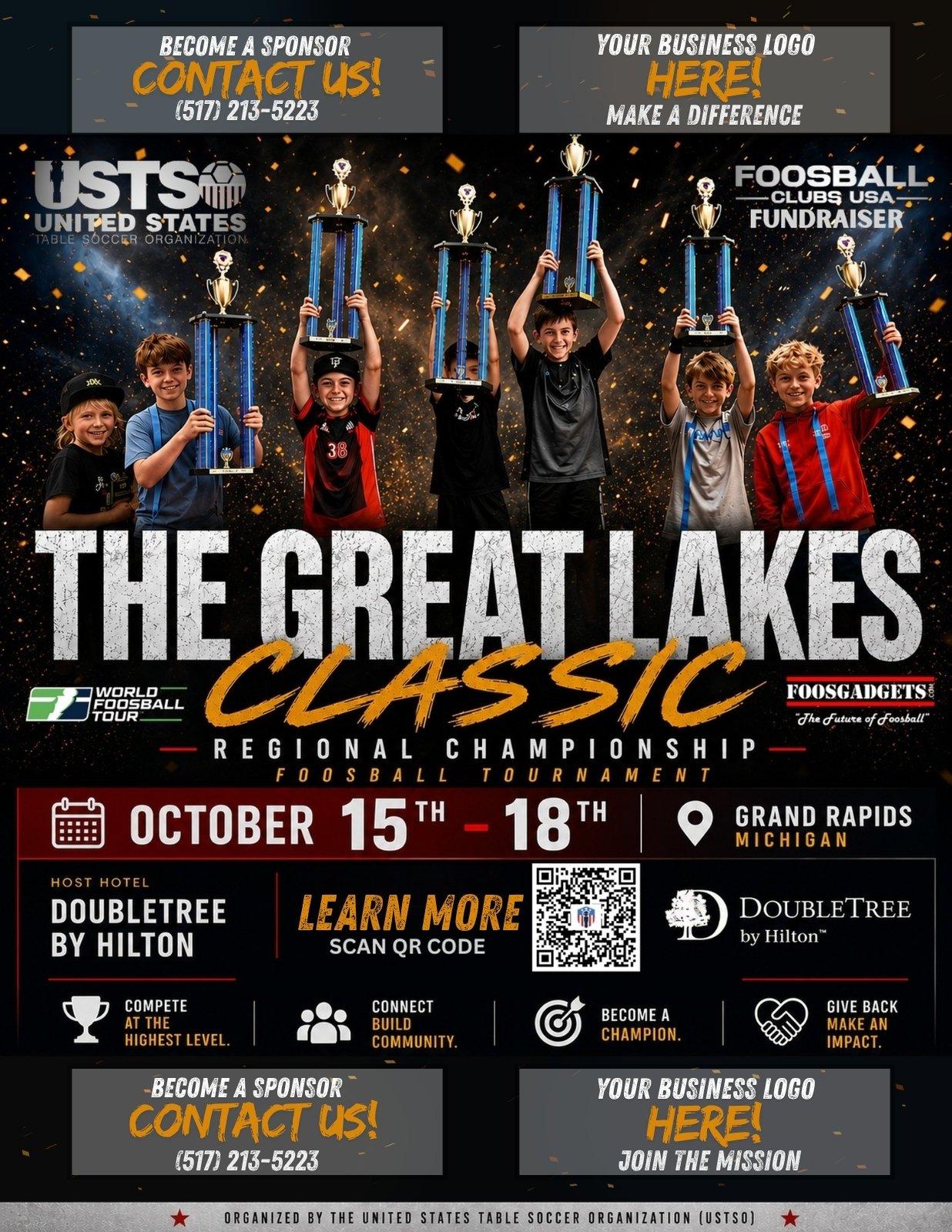 The Great Lakes Classic flyer: young players holding trophies. Regional championship foosball tournament, October 15 to 18, Grand Rapids, Michigan. Host hotel DoubleTree by Hilton. Organized by USTSO, a Foosball Clubs USA fundraiser.