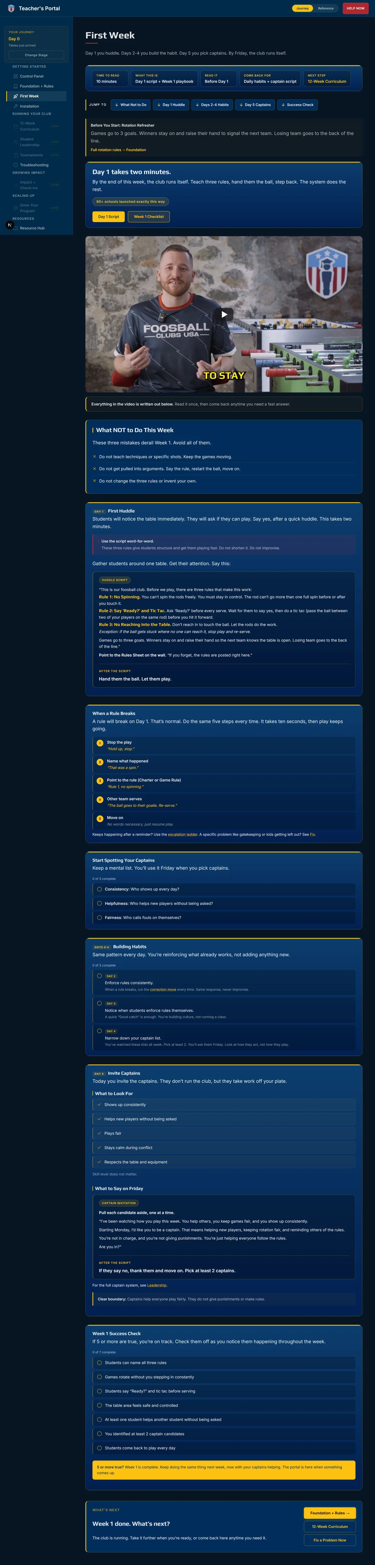 The First Week guide inside the Foosball Clubs USA teacher portal, showing the Day 1 huddle, the welcome video, and the full set of program pages.